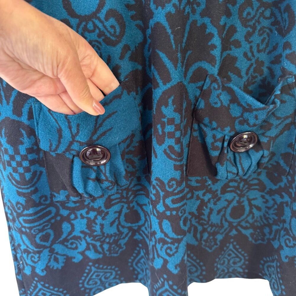 Papillon Teal & Black Baroque Knit Tunic Dress Cowl Neck Size Large - Picture 6 of 8